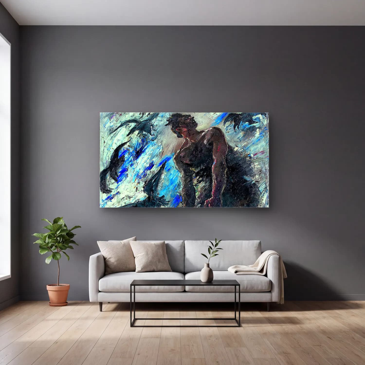 Lovis Corinth – The Blinded Samson cam tablo — gri duvarlı salonda