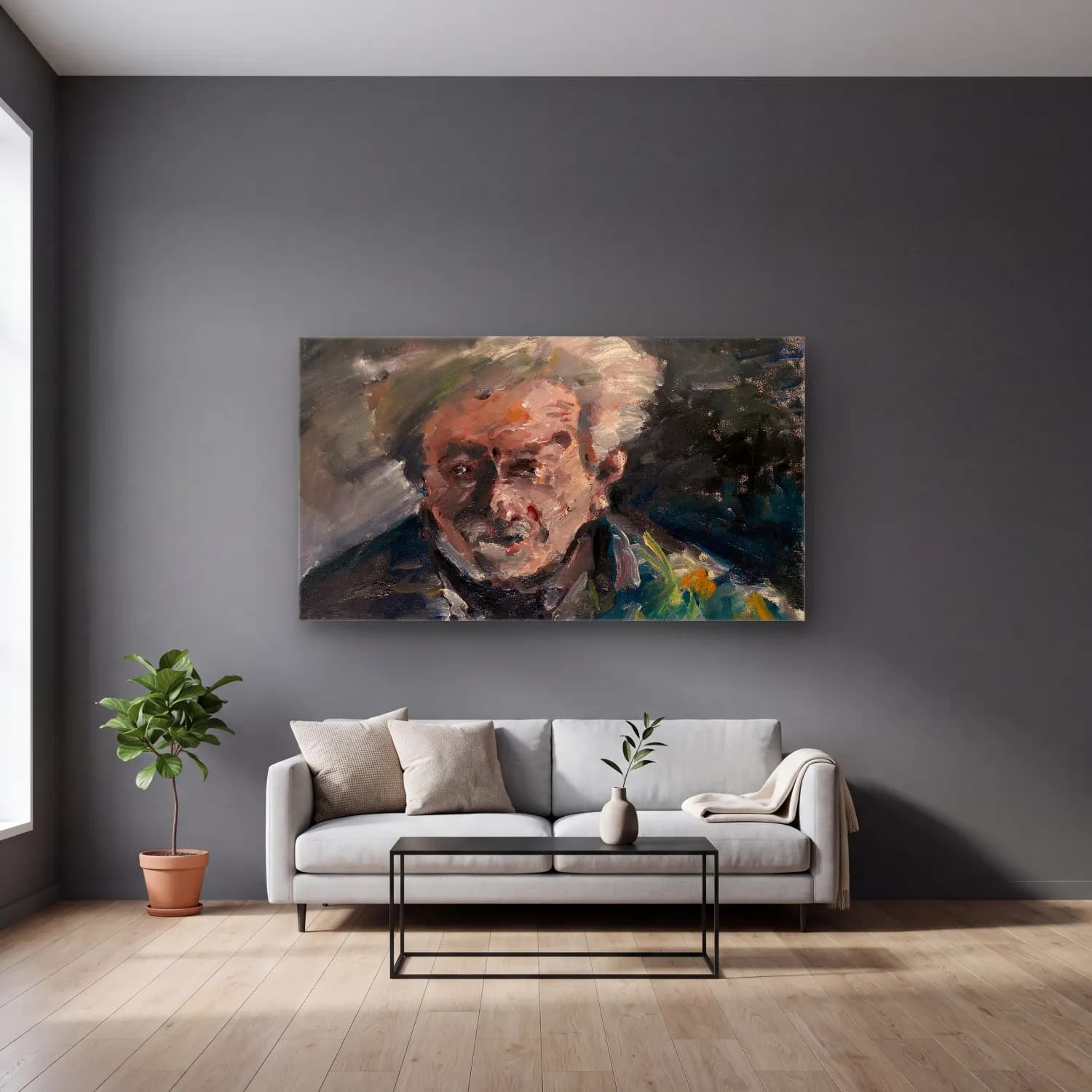 Lovis Corinth – The Homeric Laughter cam tablo — gri duvarlı salonda
