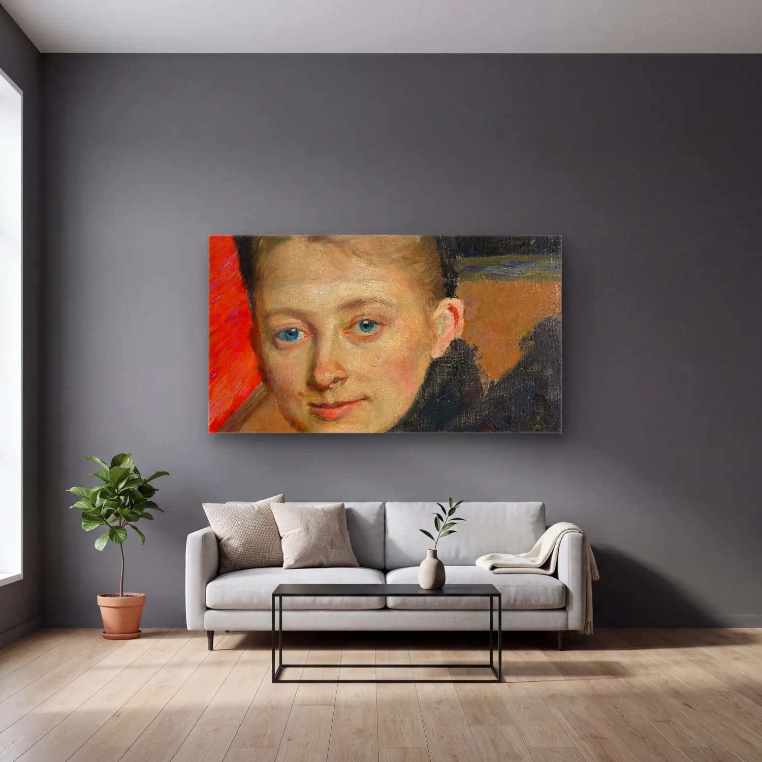 Richard Bergh – Portrait of the Artist’s First Wife née Klemming cam tablo — gri duvarlı salonda