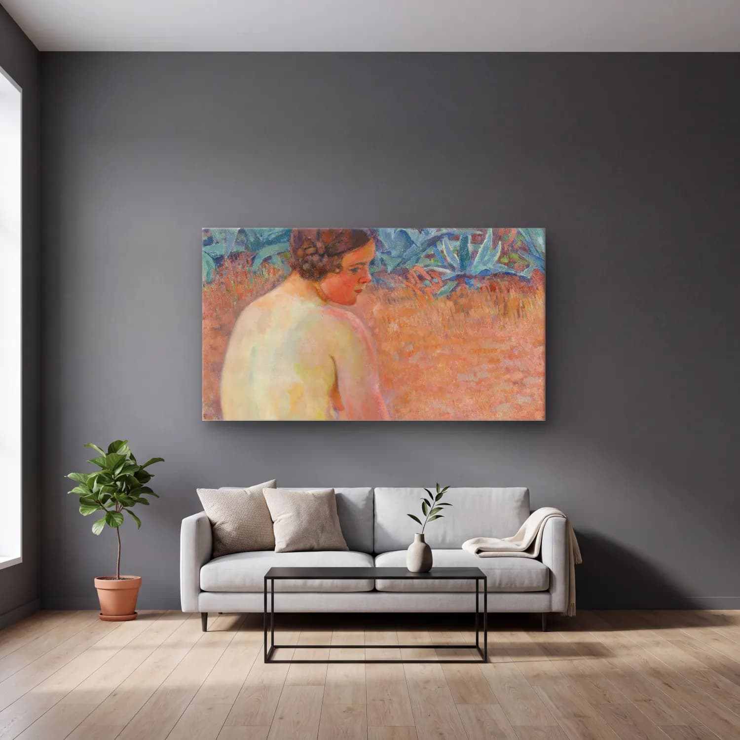 Theo van Rysselberghe – Theo van Rysselberghe - Nude with agave (Nu aux agave) cam tablo — gri duvarlı salonda