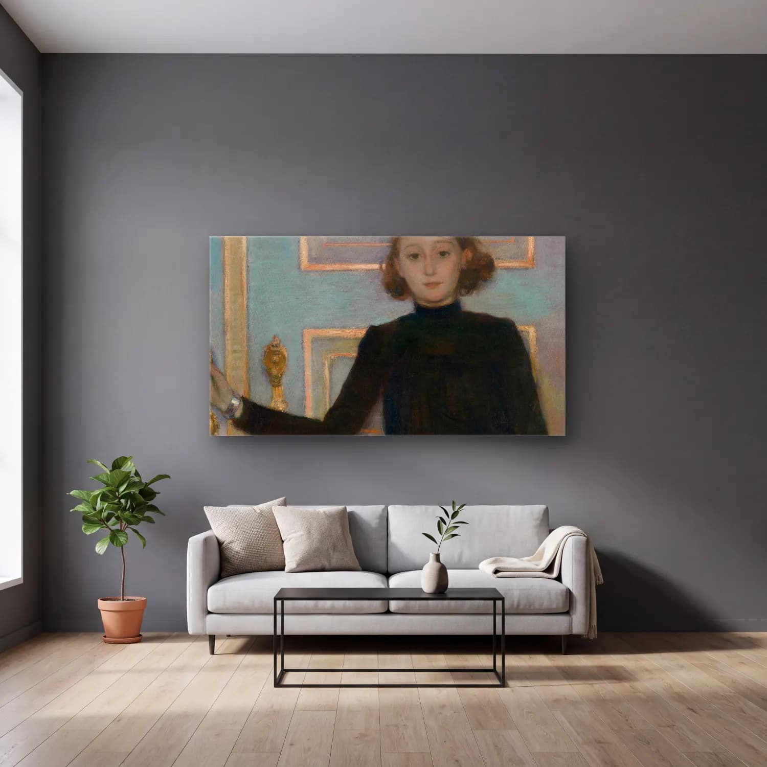 Theo van Rysselberghe – Theo van Rysselberghe - Portrait of Marguerite van Mons cam tablo — gri duvarlı salonda