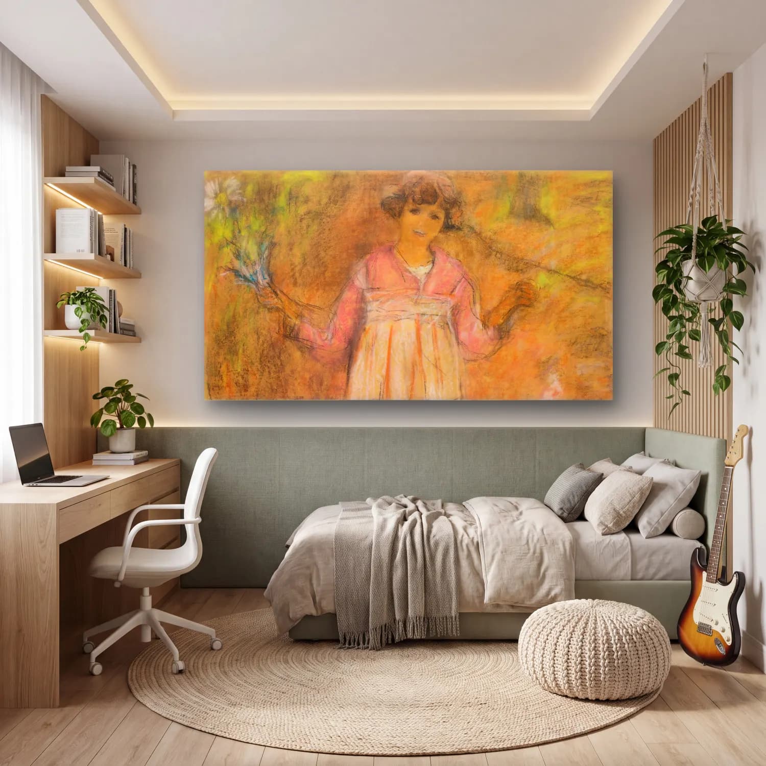 Empresyonist Kız Çocuğu Portresi – Pastel Tonlar cam tablo — genç odasında