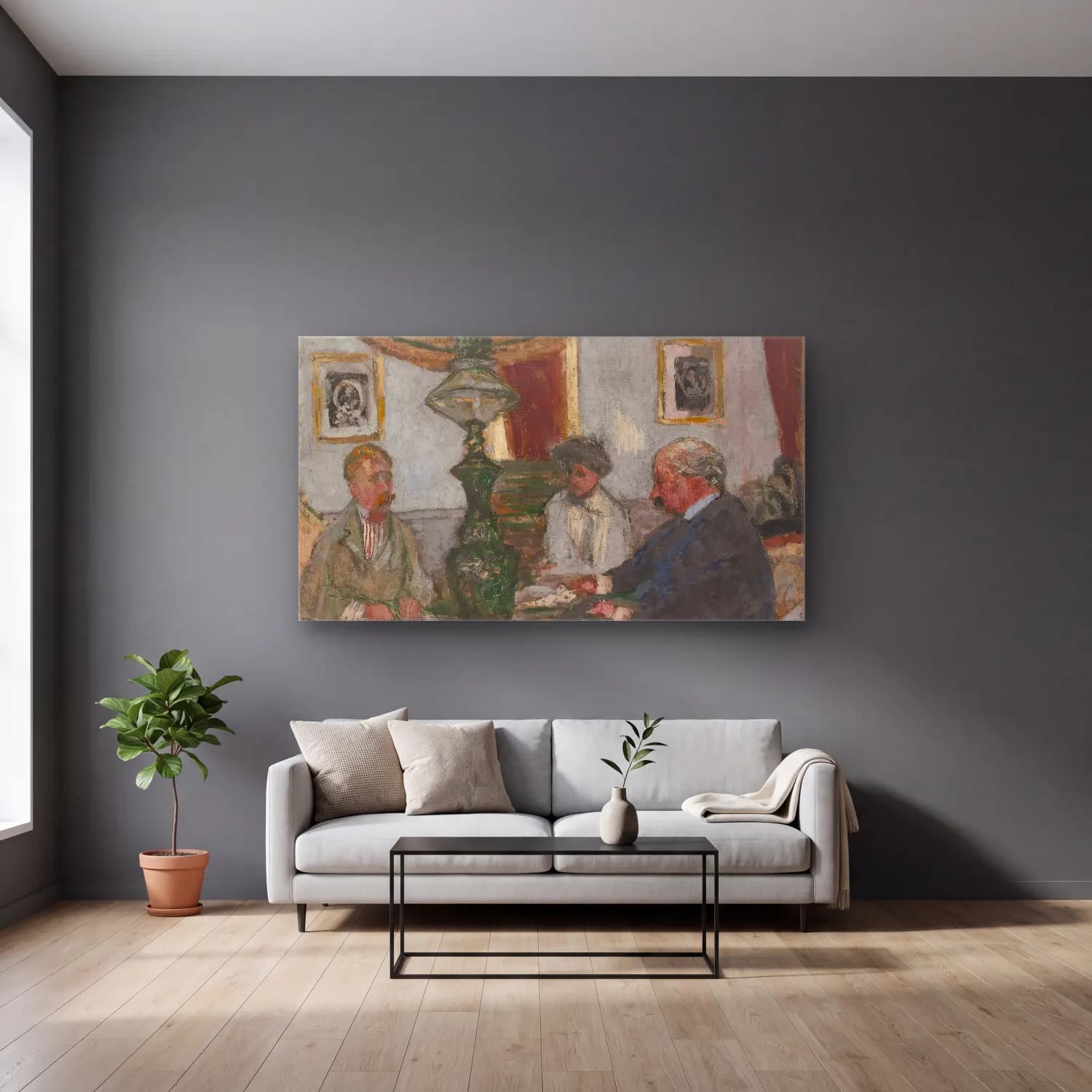 Empresyonist Vintage İç Mekân – Pastel Tonlar cam tablo — gri duvarlı salonda