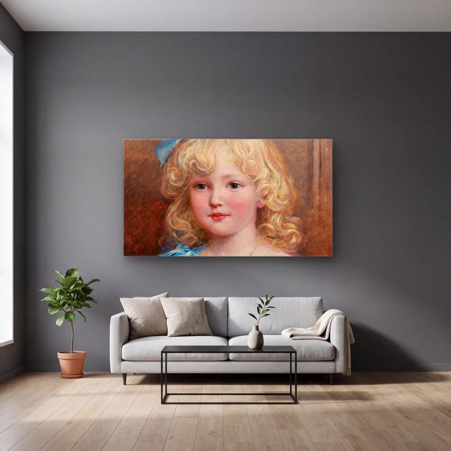 Heywood Hardy – Portrait of a girl in a blue dress cam tablo — gri duvarlı salonda