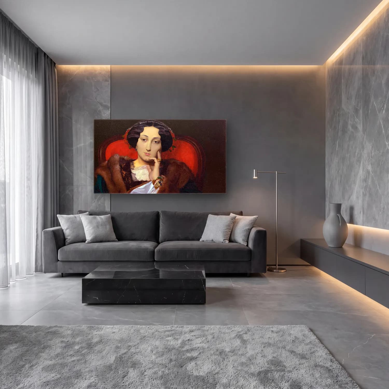 Yağlı Boya Kadın Portresi – Kırmızı Tonlar cam tablo — lüks salon duvarında
