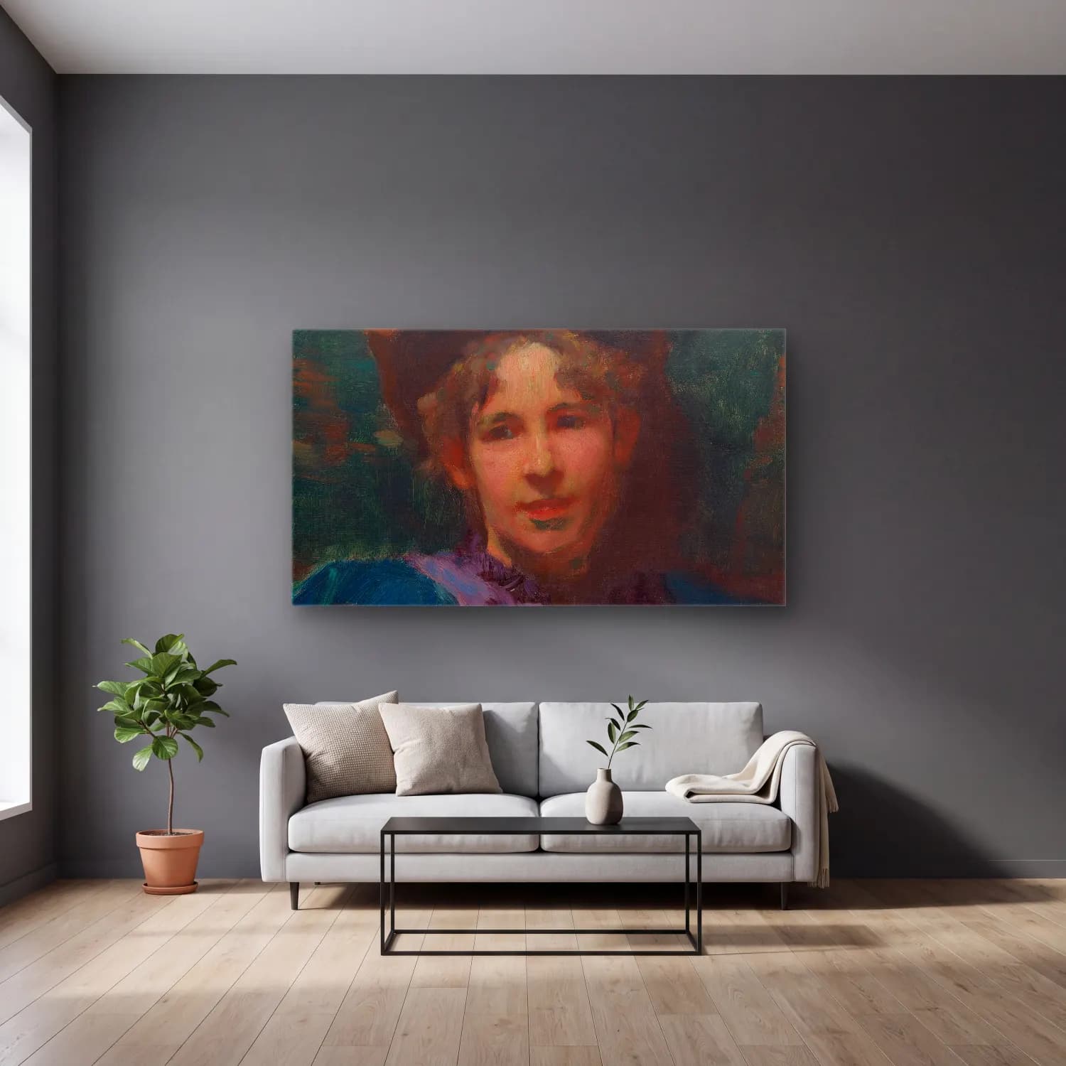 Robert William Vonnoh – Bessie Potter Vonnoh cam tablo — gri duvarlı salonda