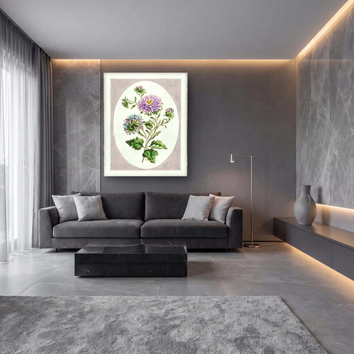 Botanik İllüstrasyon Çiçek Deseni No. 89 cam tablo — lüks salon duvarında