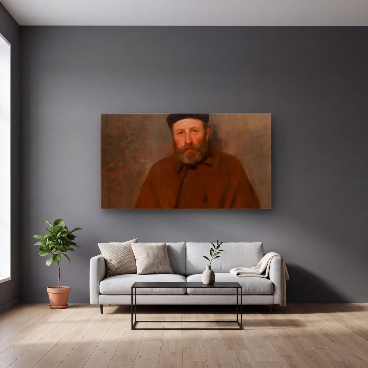 Robert William Vonnoh – Portrait of Arthur Joseph Heseltine cam tablo — gri duvarlı salonda