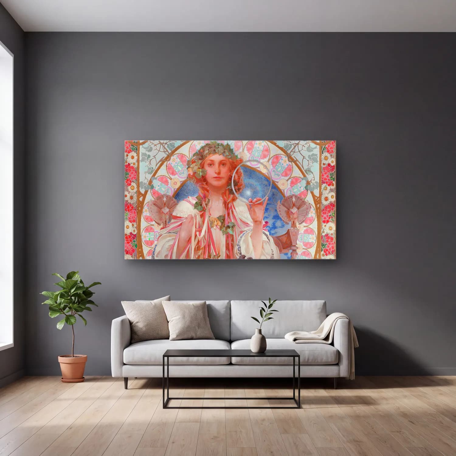 Alphonse Mucha – Portrait of Josephine Crane-Bradley as Slavia cam tablo — gri duvarlı salonda