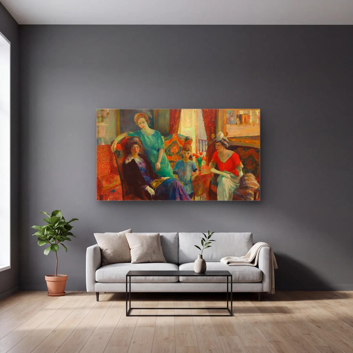 William James Glackens – Family Group cam tablo — gri duvarlı salonda