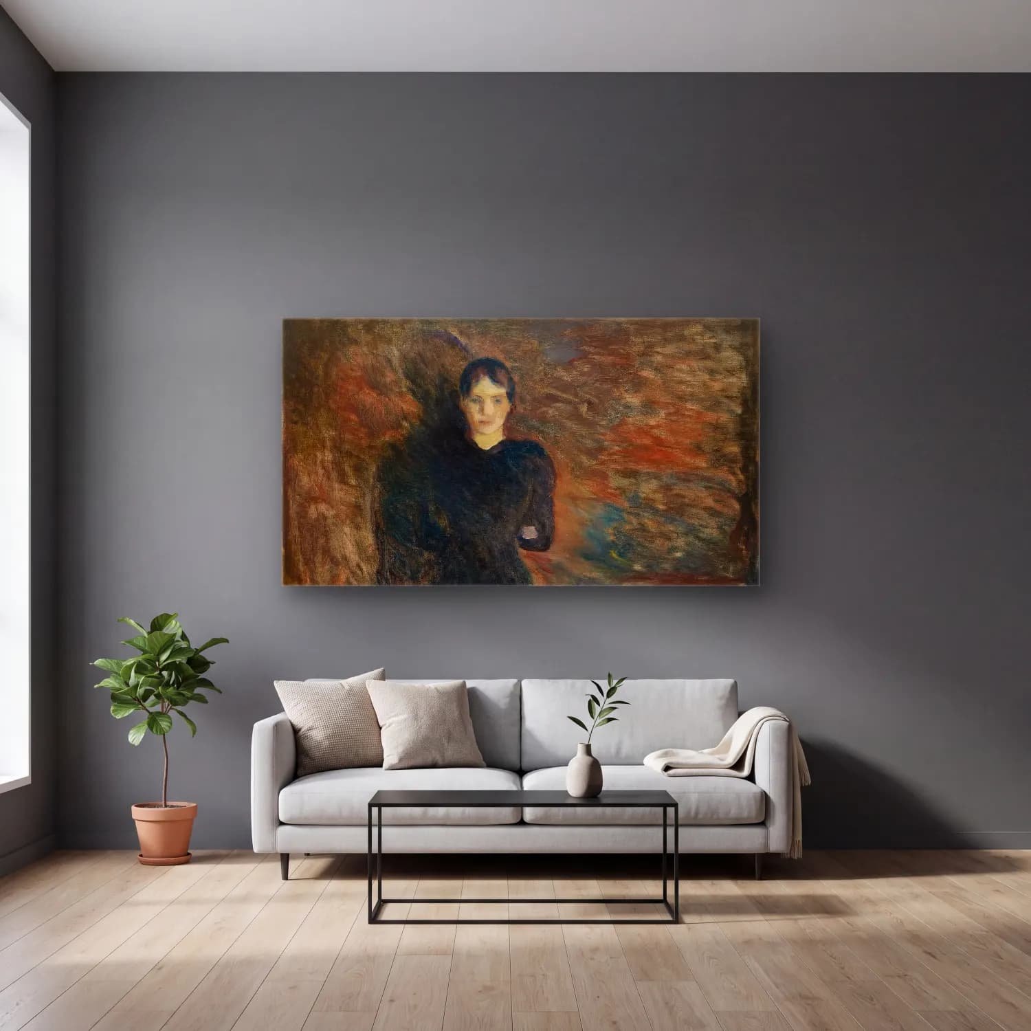 Edvard Munch – Lady in Black cam tablo — gri duvarlı salonda