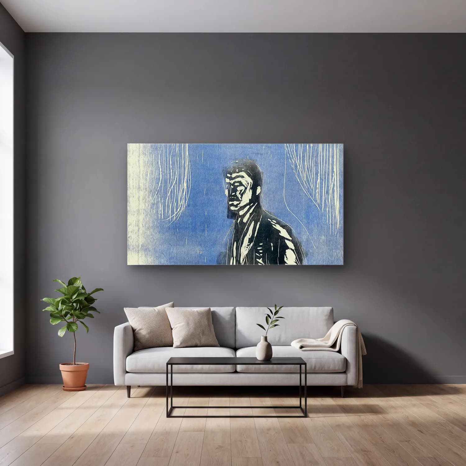 Edvard Munch – Self–Portrait in Moonlight cam tablo — gri duvarlı salonda