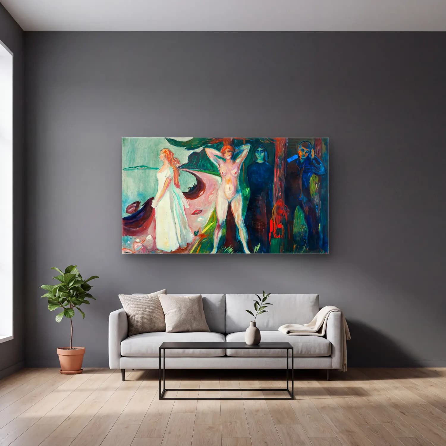 Edvard Munch – Woman cam tablo — gri duvarlı salonda