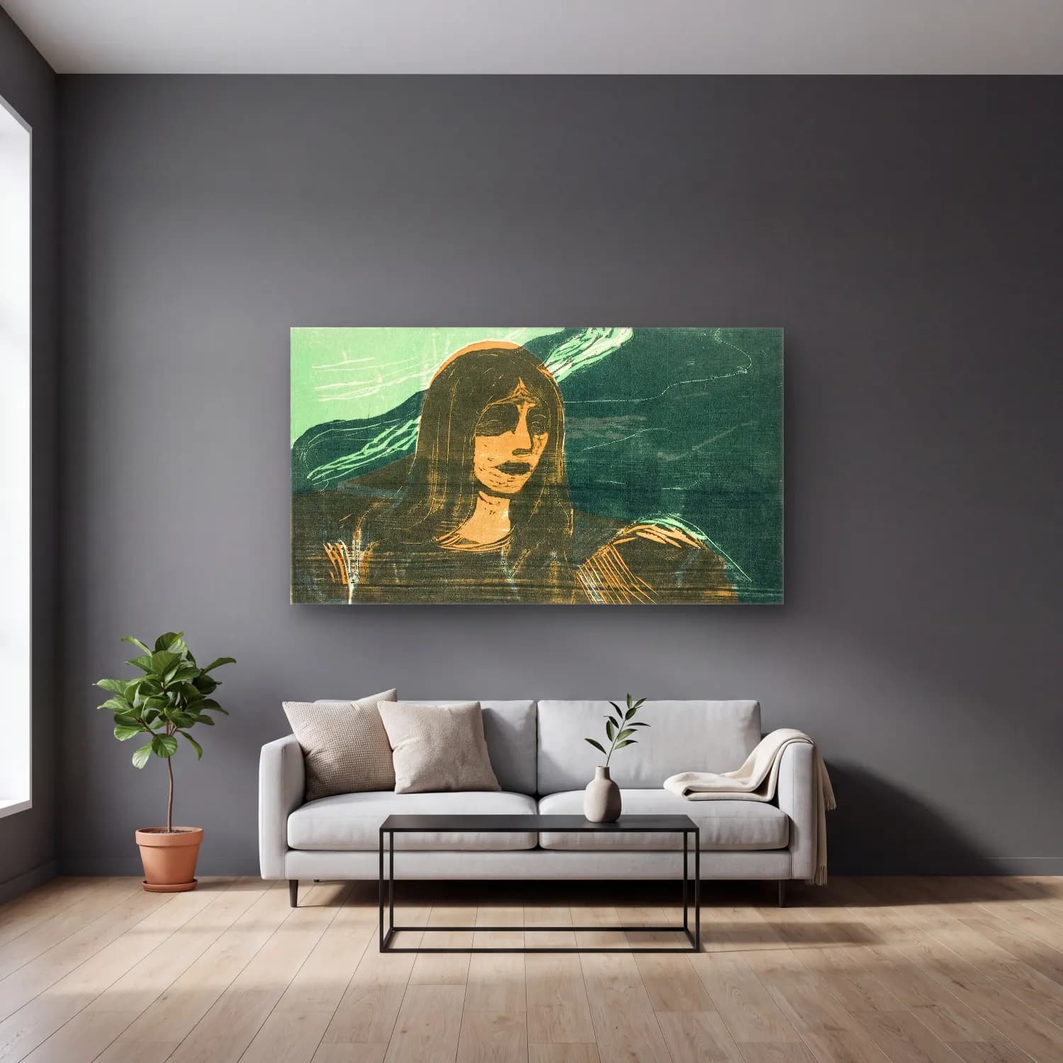 Edvard Munch – Woman’s Head against the Shore cam tablo — gri duvarlı salonda