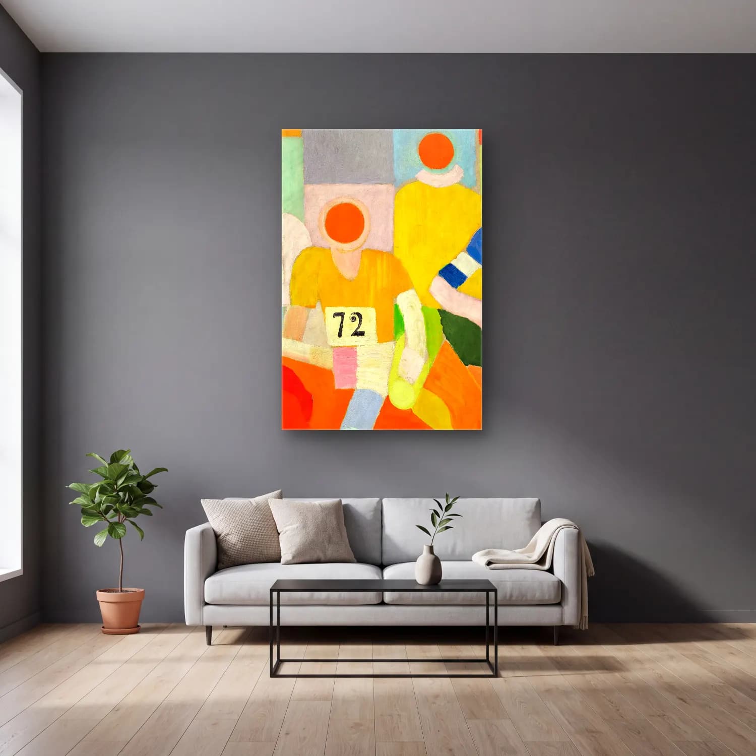 Robert Delaunay – Les Coureurs cam tablo — gri duvarlı salonda