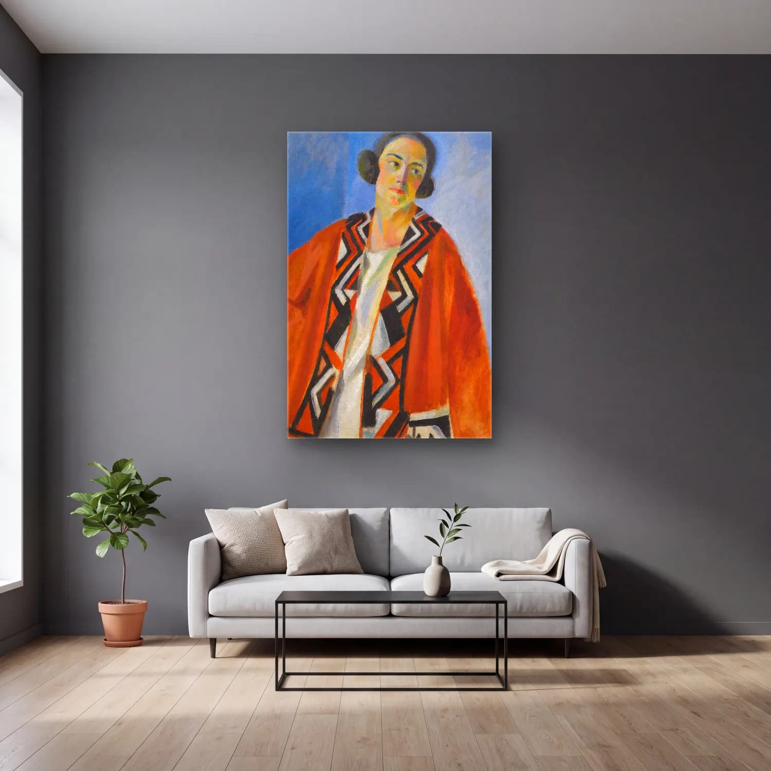Robert Delaunay – Portrait De Hélène Marre cam tablo — gri duvarlı salonda