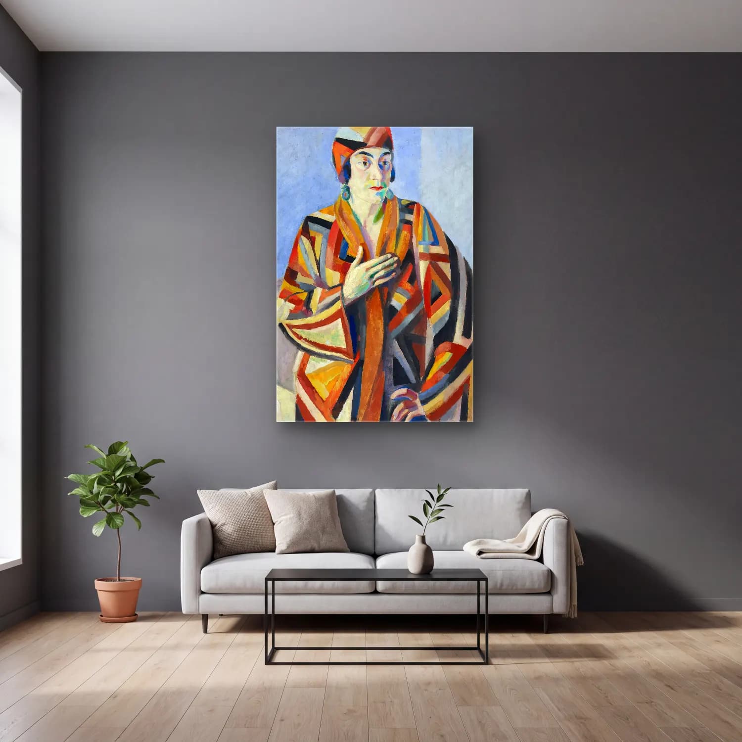 Robert Delaunay – Portrait De Madame Mandel cam tablo — gri duvarlı salonda