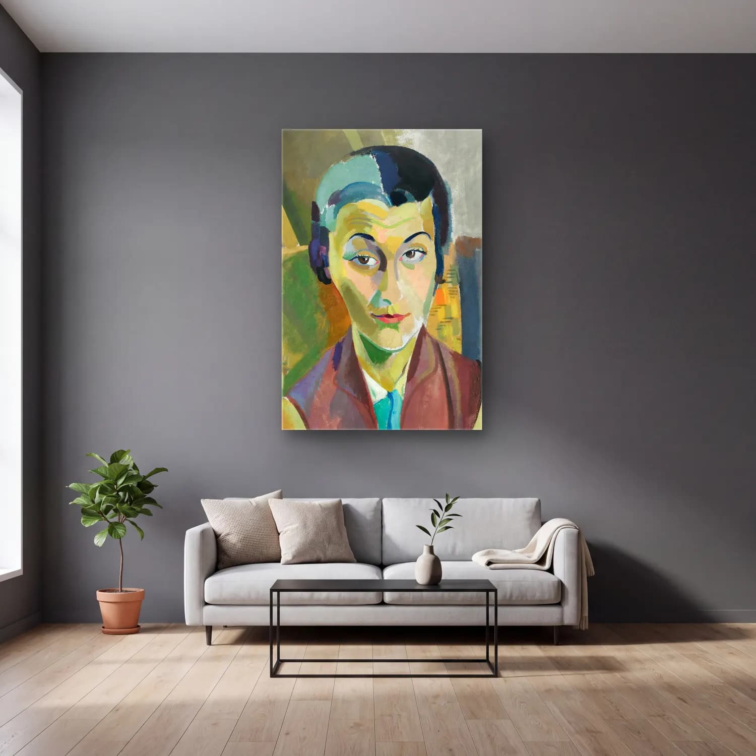 Robert Delaunay – Portrait De Maria Lani cam tablo — gri duvarlı salonda
