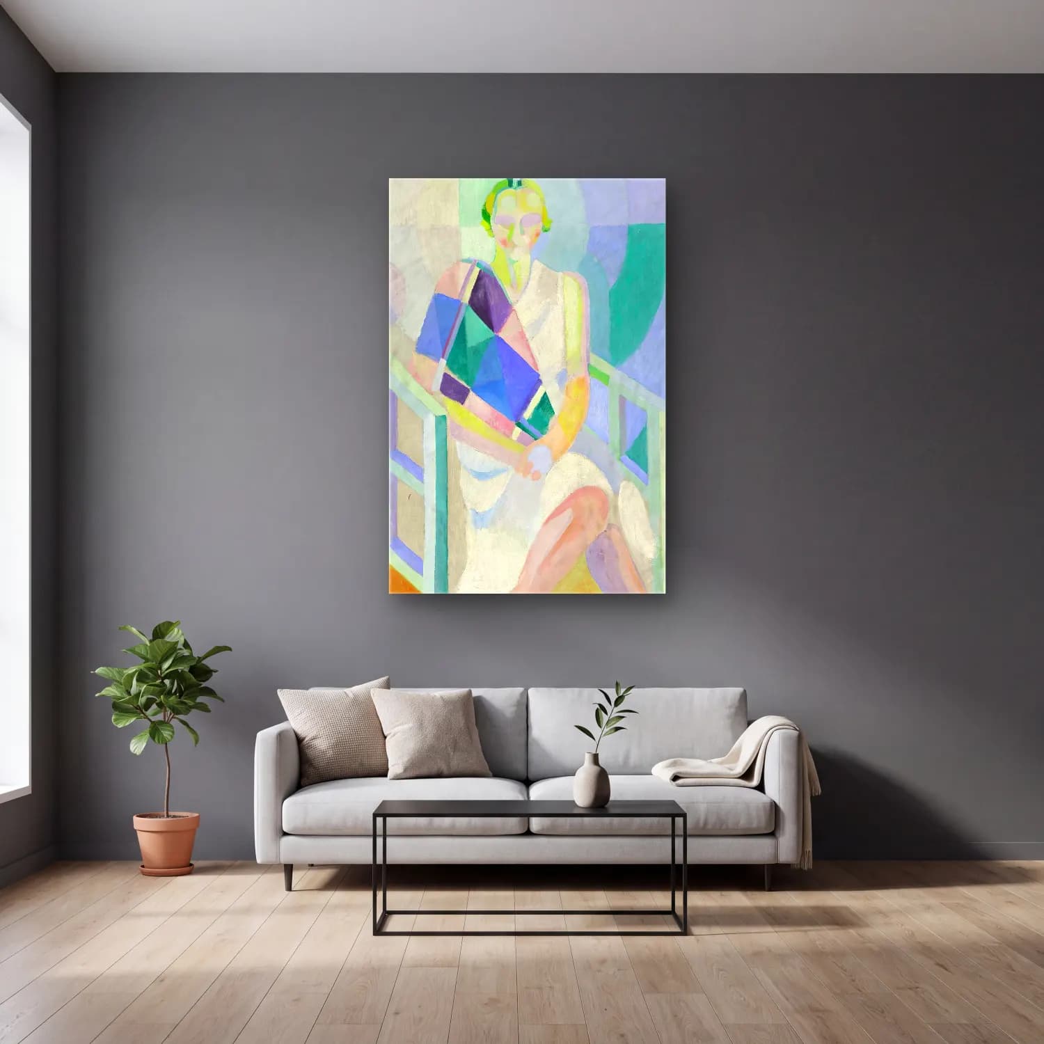 Robert Delaunay – Portrait de Madame Heim cam tablo — gri duvarlı salonda