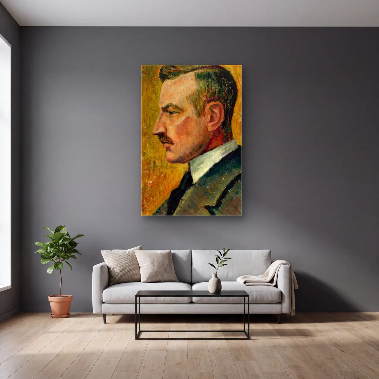 Alfred William Finch – Portrait of Artist Magnus Enckell – Sarı Tonlar cam tablo — gri duvarlı salonda