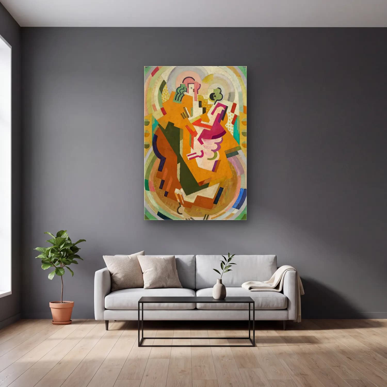 Albert Gleizes – Figure suggérée dans une peinture mesure-cadence-rythme cam tablo — gri duvarlı salonda