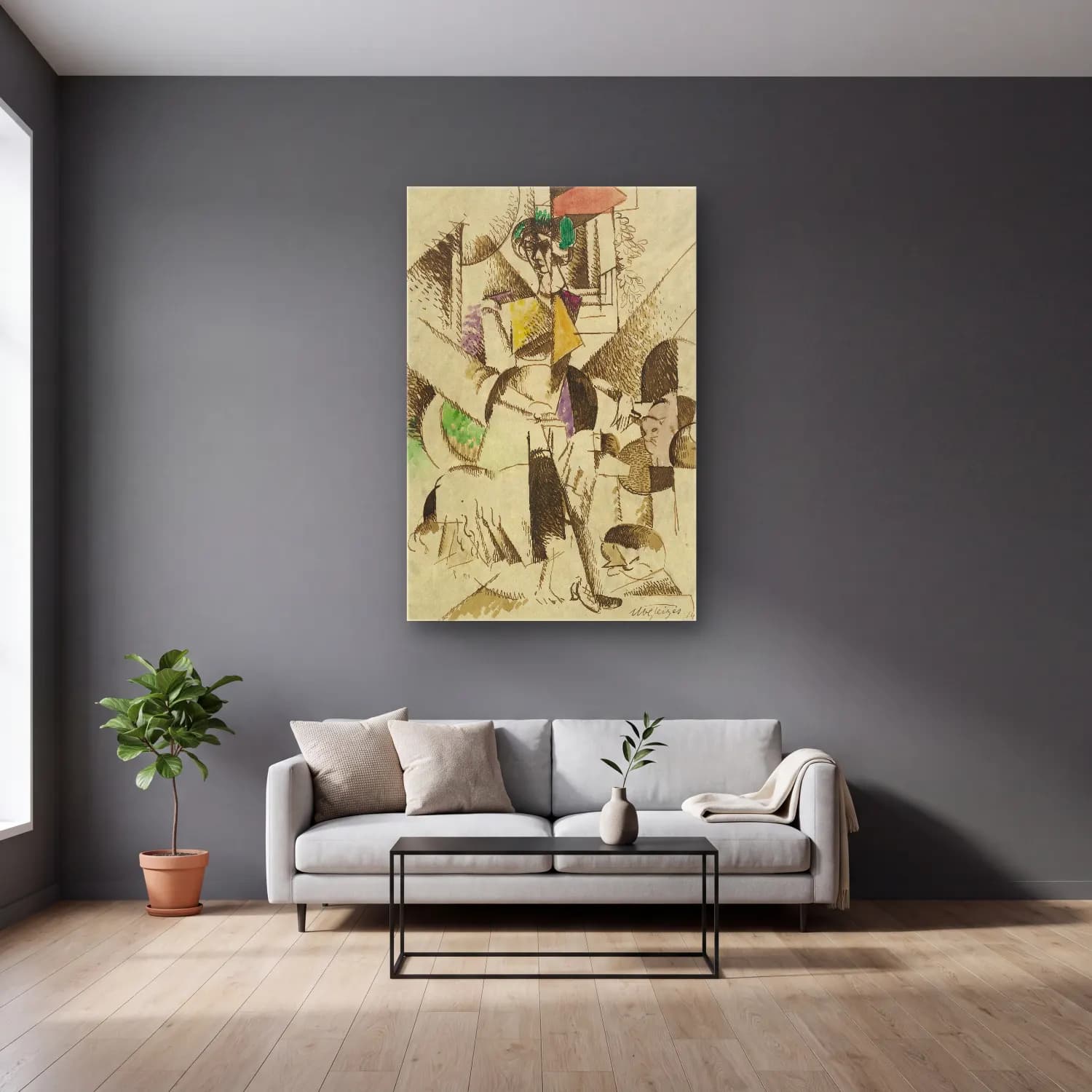 Albert Gleizes – Portrait cubiste cam tablo — gri duvarlı salonda