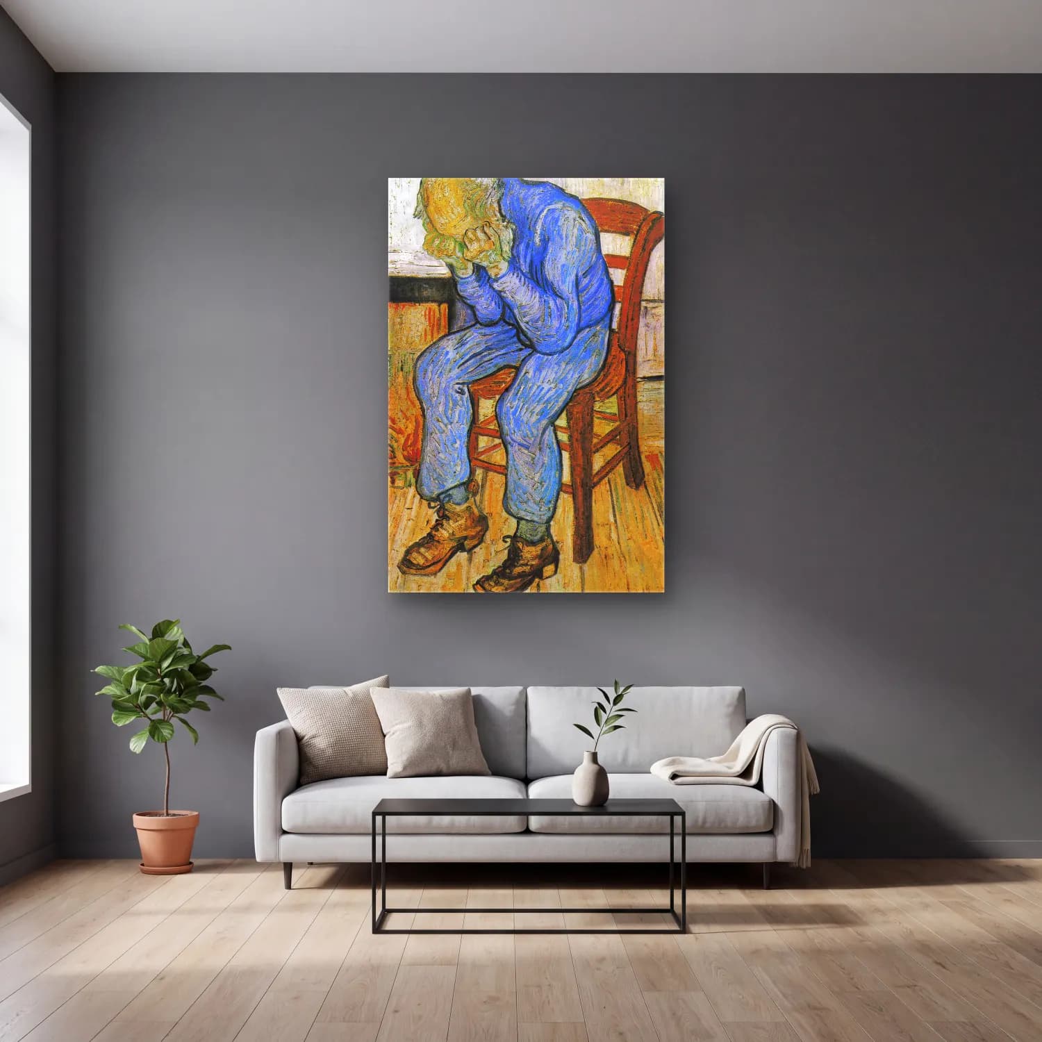 Vincent van Gogh – At Eternity s Gate cam tablo — gri duvarlı salonda