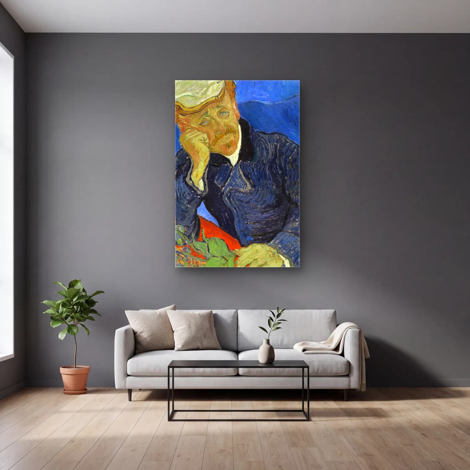 Vincent van Gogh – Dr Paul Gachet cam tablo — gri duvarlı salonda
