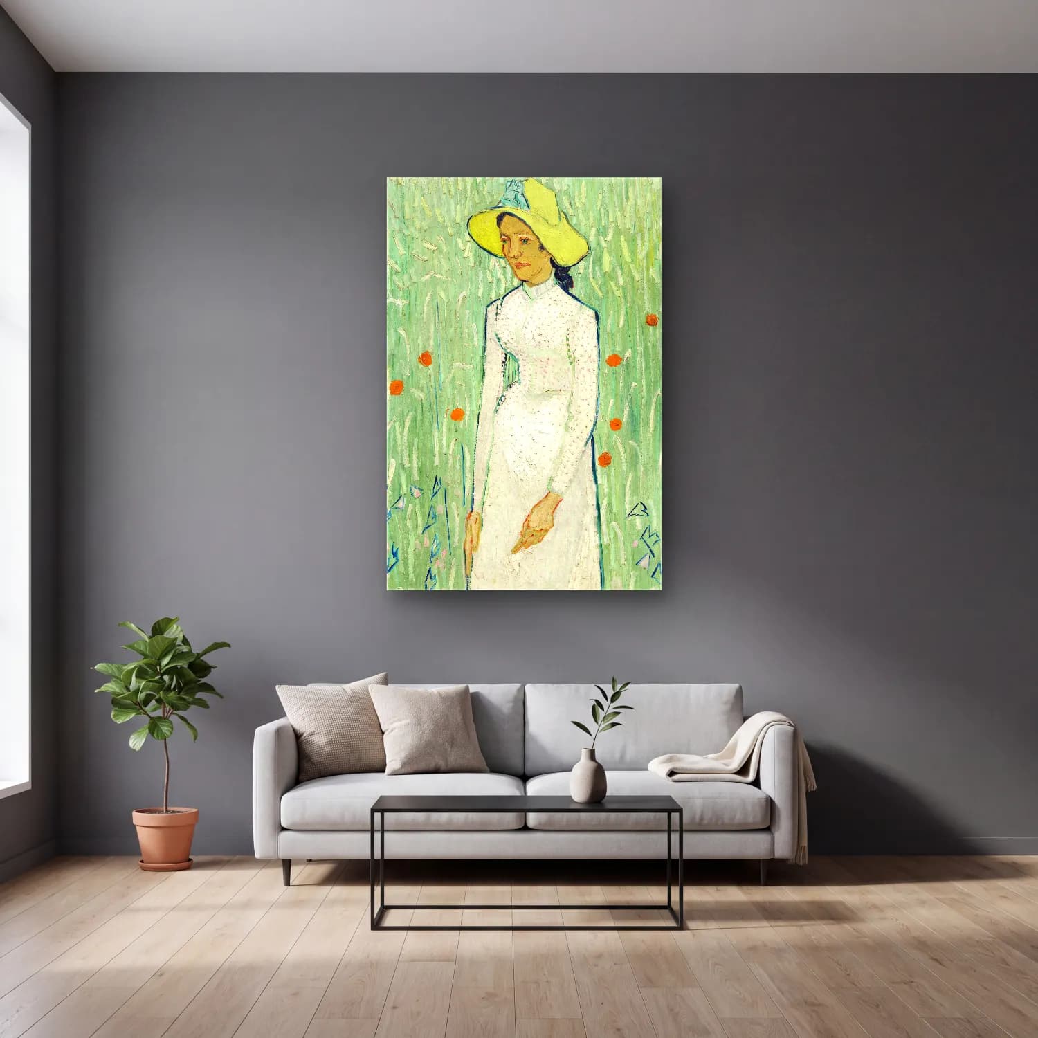 Vincent van Gogh – Girl in White cam tablo — gri duvarlı salonda