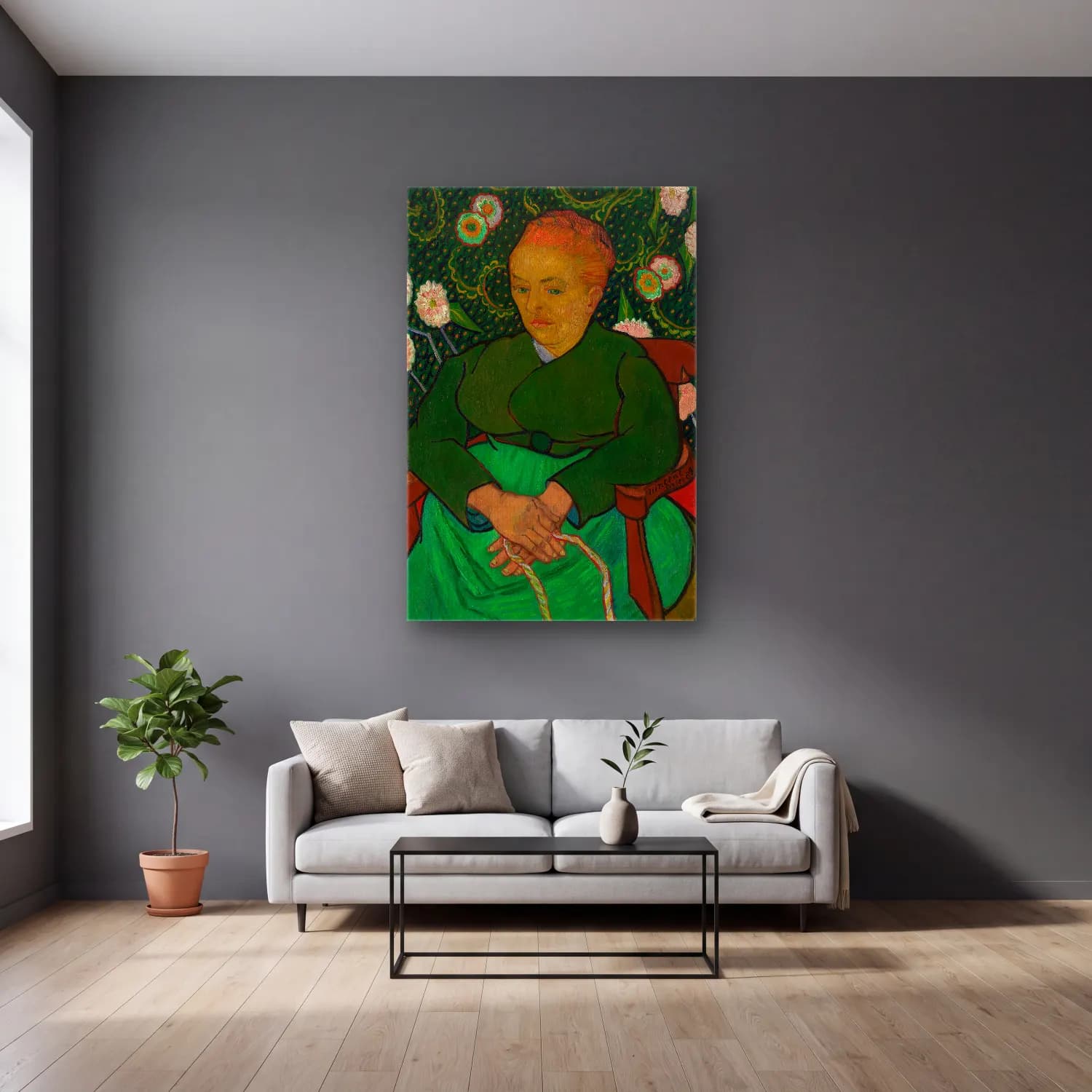 Vincent van Gogh – La Berceuse (Woman Rocking a Cradle Augustine-Alix Pellicot… cam tablo — gri duvarlı salonda