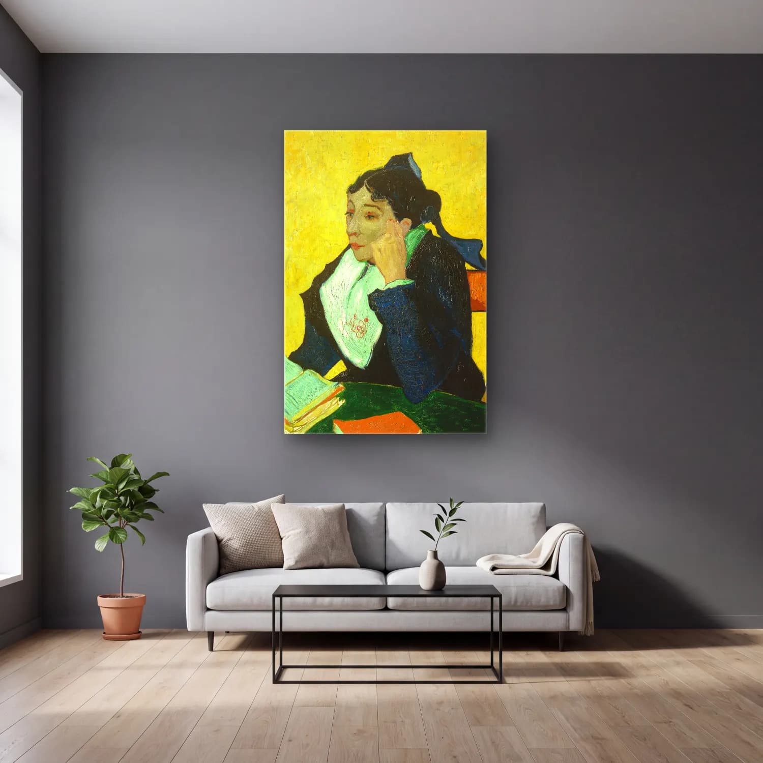 Vincent van Gogh – Madame Joseph-Michel Ginoux cam tablo — gri duvarlı salonda
