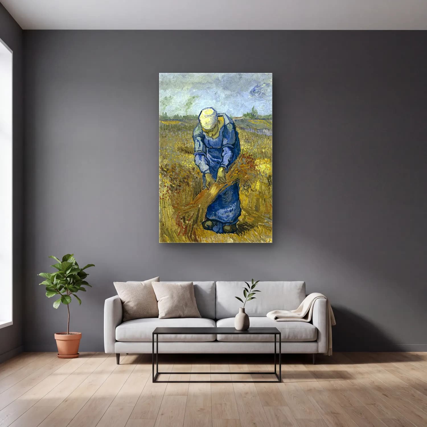 Vincent van Gogh – Peasant woman binding sheaves (after Millet) cam tablo — gri duvarlı salonda