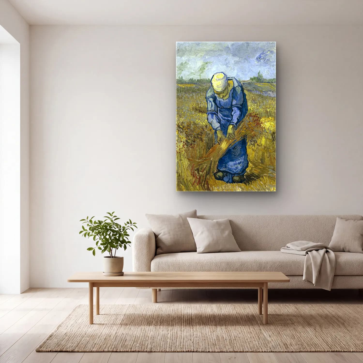 Vincent van Gogh – Peasant woman binding sheaves (after Millet) cam tablo — açık renk salonda