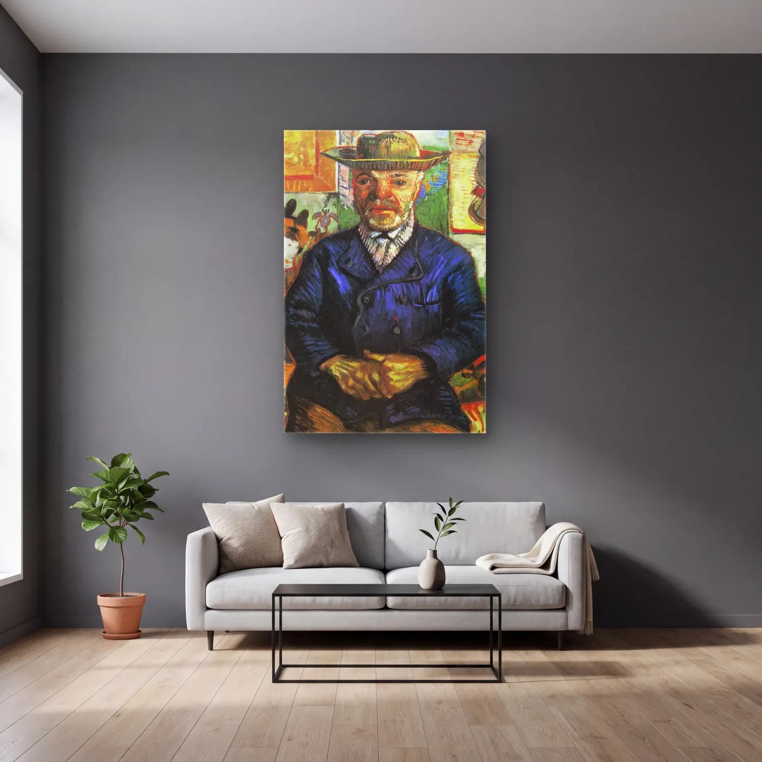 Vincent van Gogh – Portrait of Père Tanguy cam tablo — gri duvarlı salonda