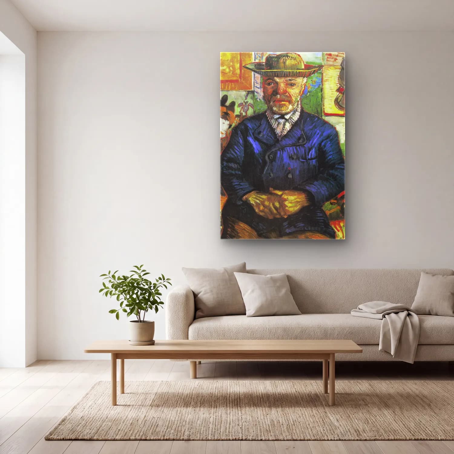 Vincent van Gogh – Portrait of Père Tanguy cam tablo — açık renk salonda