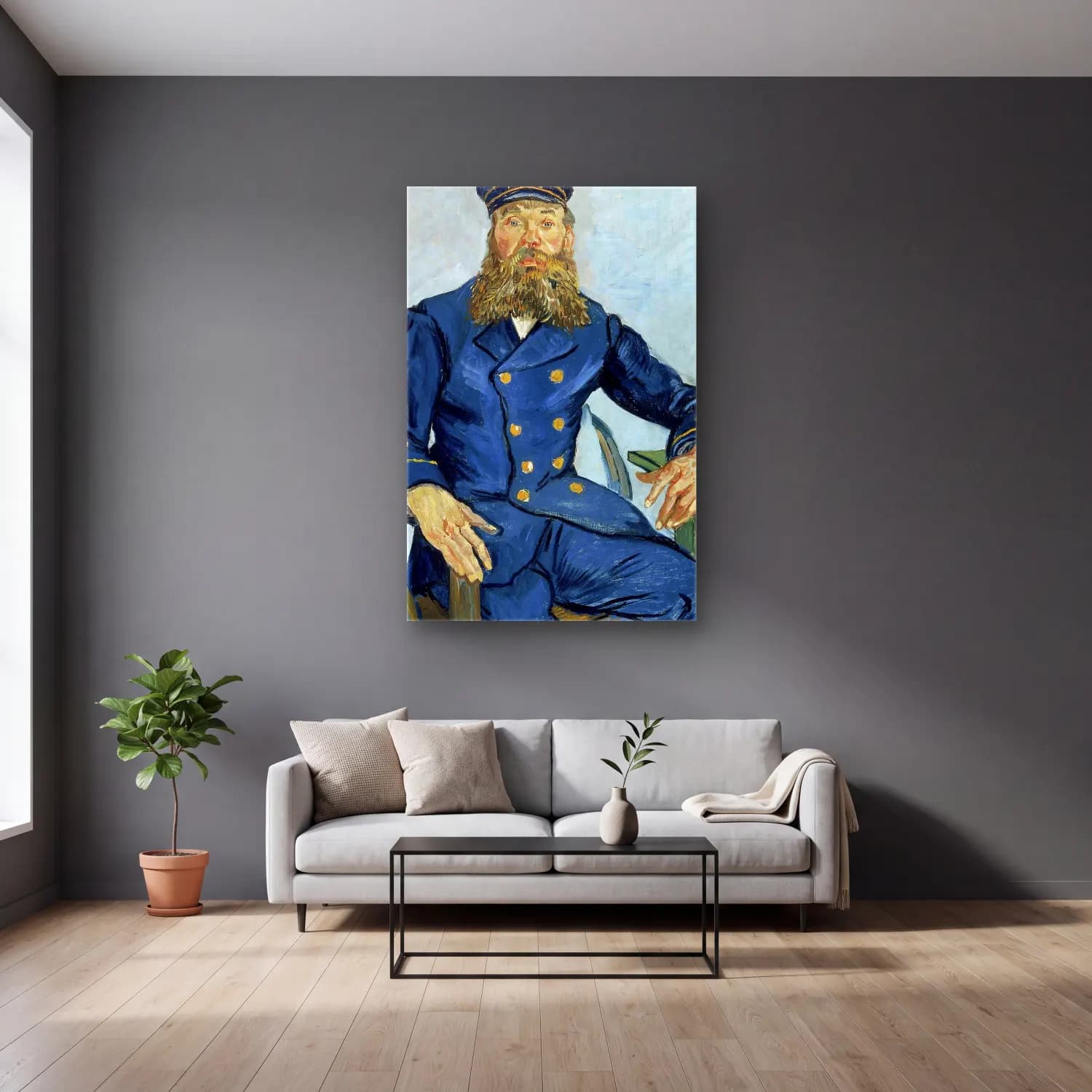 Vincent van Gogh – Portrait of the Postman Joseph Roulin cam tablo — gri duvarlı salonda