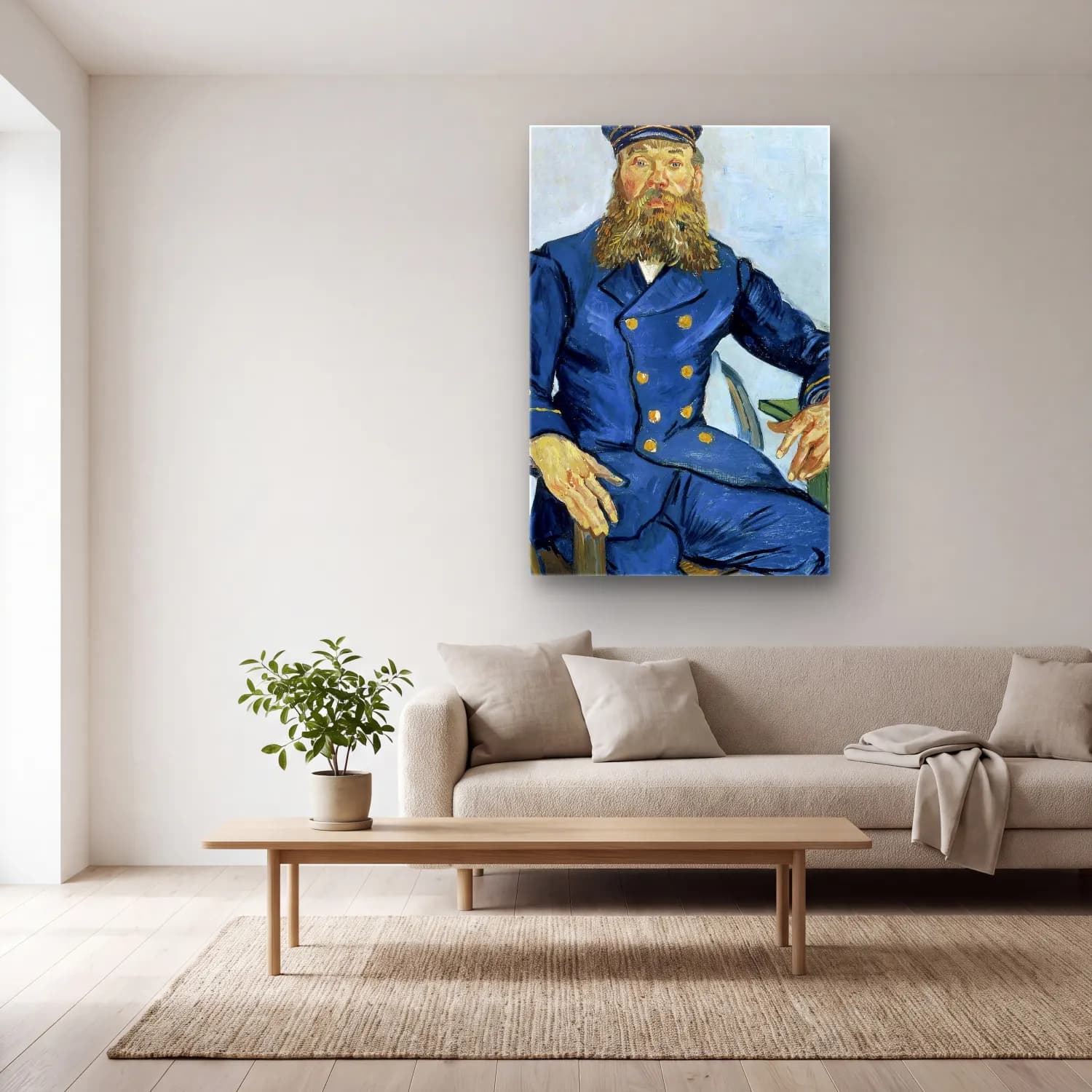 Vincent van Gogh – Portrait of the Postman Joseph Roulin cam tablo — açık renk salonda