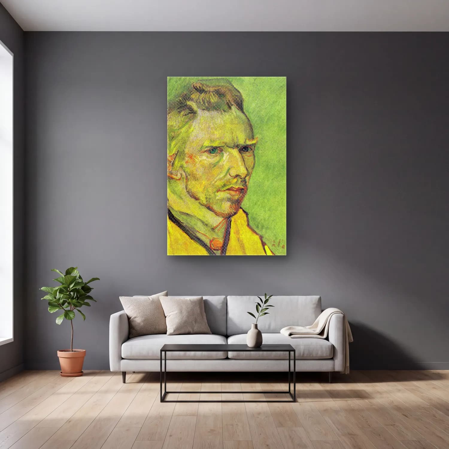 Vincent van Gogh – Self-Portrait cam tablo — gri duvarlı salonda