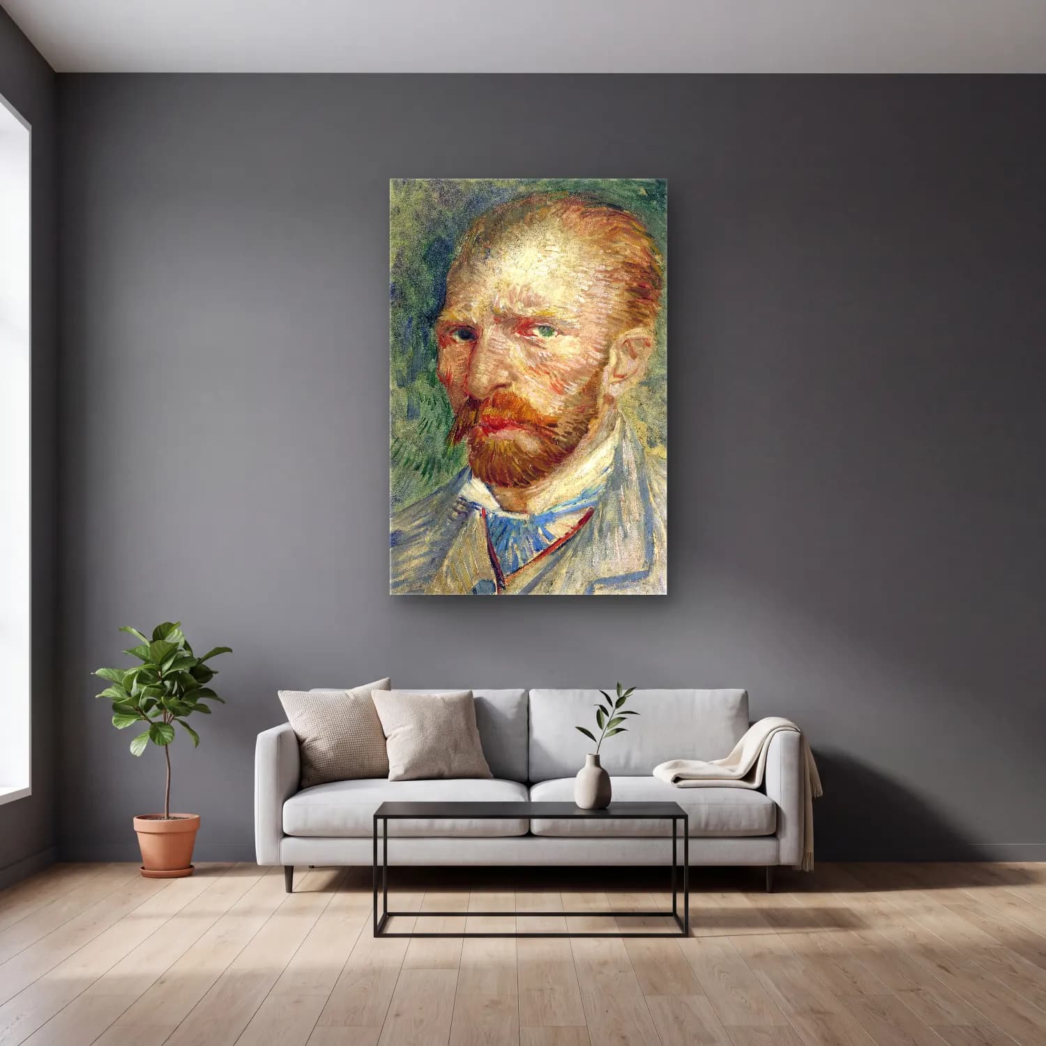 Vincent van Gogh – Self-Portrait – Mavi Tonlar cam tablo — gri duvarlı salonda