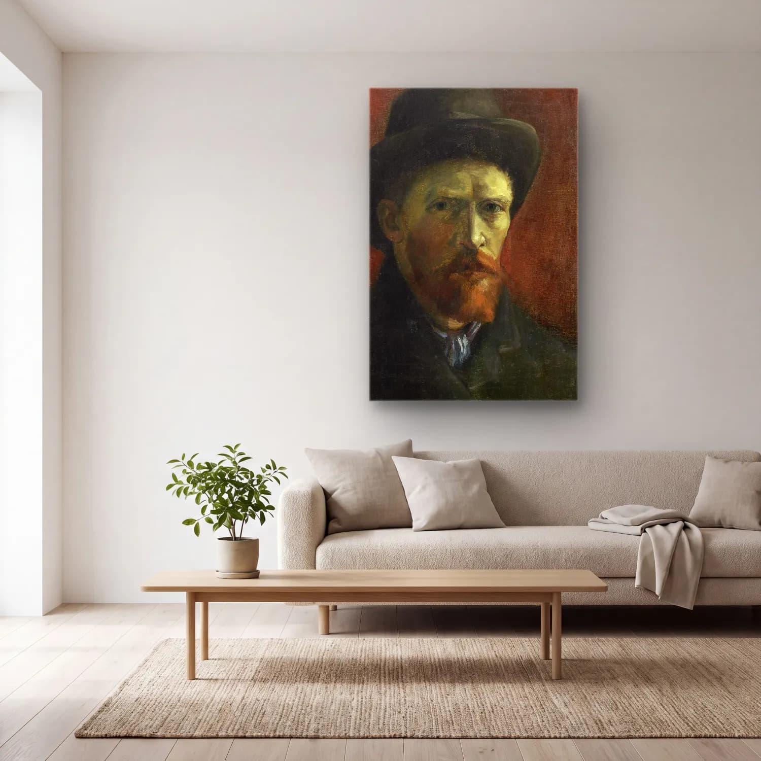 Vincent van Gogh – Self-Portrait with Dark Felt Hat cam tablo — açık renk salonda