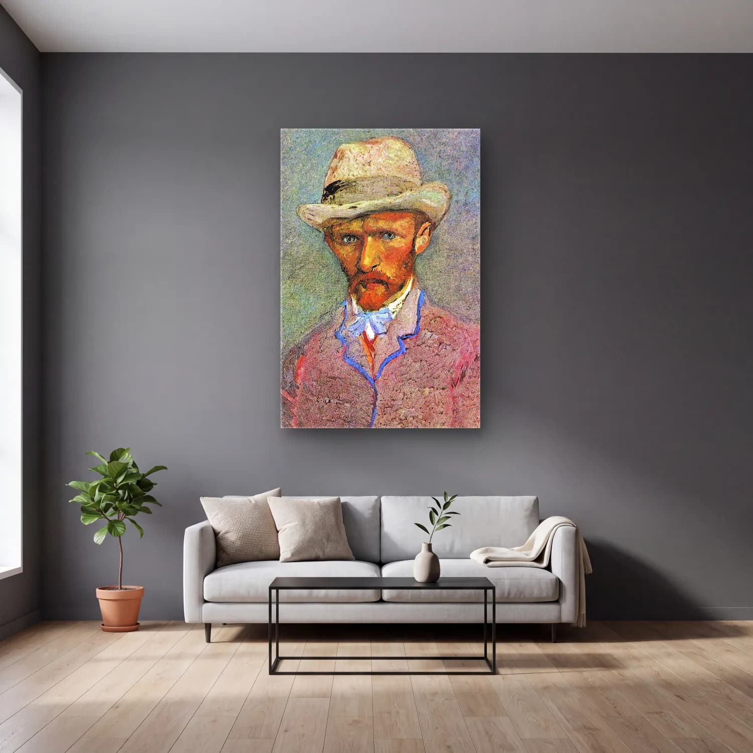 Vincent van Gogh – Self-Portrait with a Gray Straw Hat cam tablo — gri duvarlı salonda