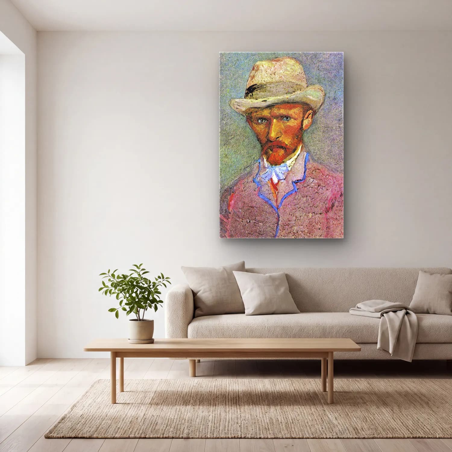 Vincent van Gogh – Self-Portrait with a Gray Straw Hat cam tablo — açık renk salonda