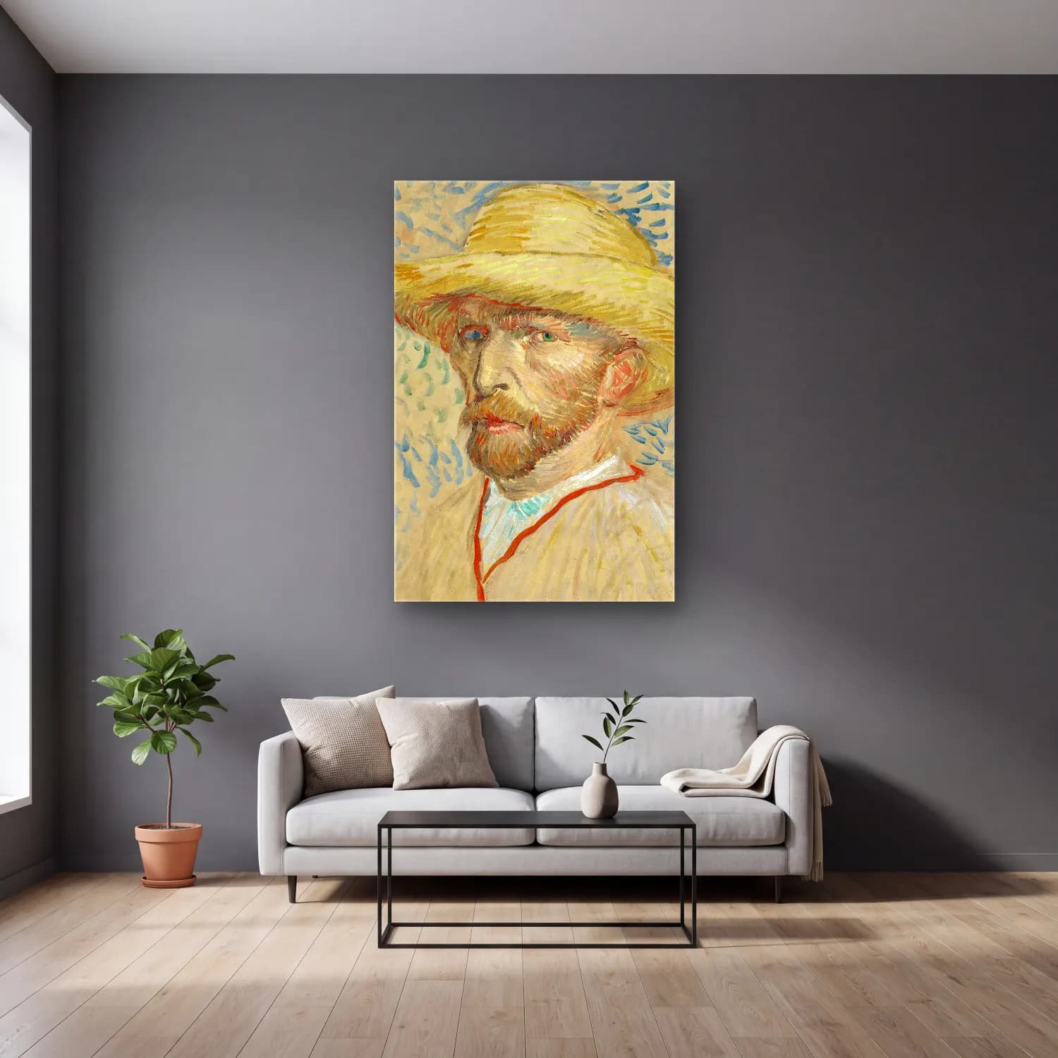 Vincent van Gogh – Self-Portrait with a Straw Hat cam tablo — gri duvarlı salonda