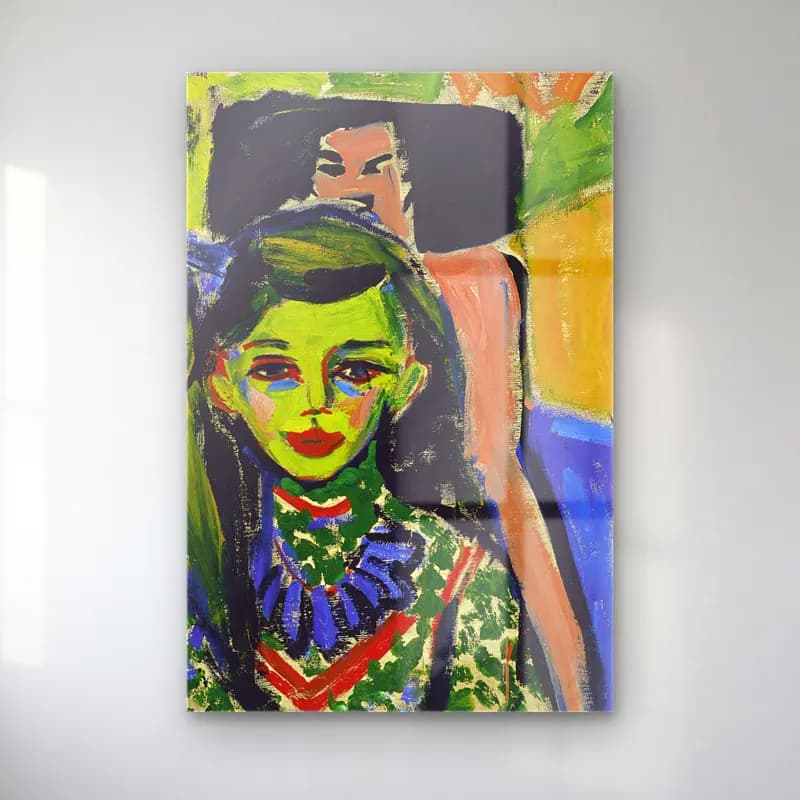 Ernst Ludwig Kirchner – Fränzi in front of carved chair – Yeşil Tonlar cam tablo — Ernst Ludwig Kirchner – Fränzi in front of carved chair – Yeşil Tonlar — empresyonist kız çocuğu portresi