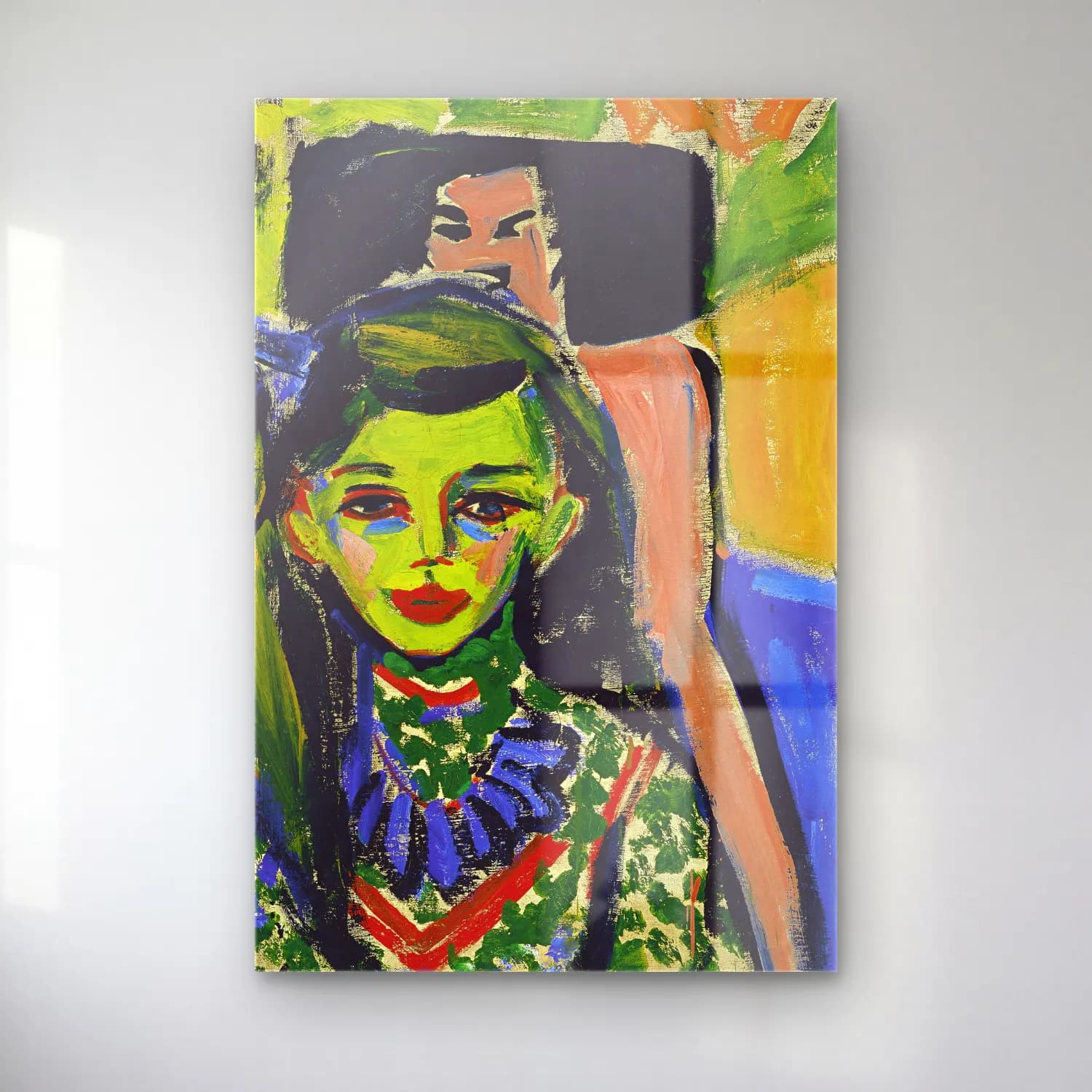 Ernst Ludwig Kirchner – Fränzi in front of carved chair – Yeşil Tonlar cam tablo — Ernst Ludwig Kirchner – Fränzi in front of carved chair – Yeşil Tonlar — empresyonist kız çocuğu portresi