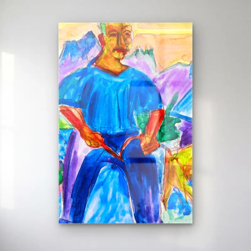 Ernst Ludwig Kirchner – Kuh und Treiber – Mavi Tonlar cam tablo — Ernst Ludwig Kirchner – Kuh und Treiber – Mavi Tonlar — suluboya erkek portresi