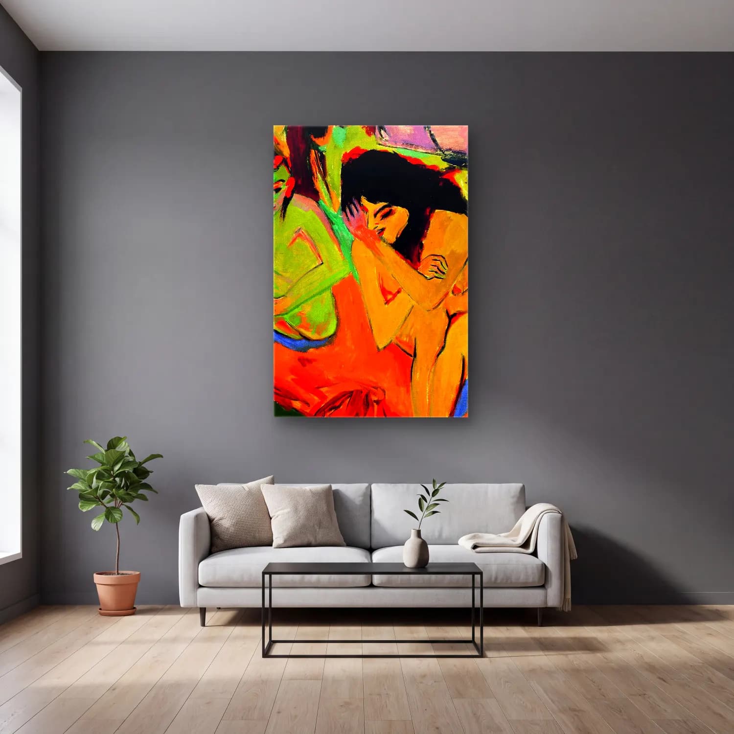 Ernst Ludwig Kirchner – Nackte Mädchen unterhalten sich – Turuncu Tonlar cam tablo — gri duvarlı salonda