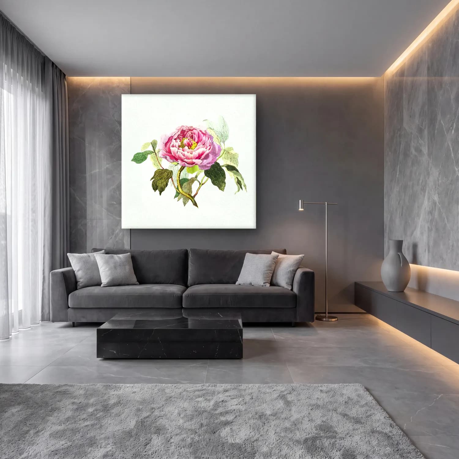 Botanik İllüstrasyon Pembe Şakayıklar No. 11 cam tablo — lüks salon duvarında