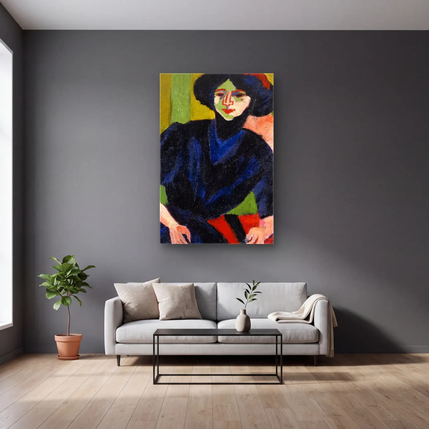 Ernst Ludwig Kirchner – Portrait of a Woman – Mavi Tonlar cam tablo — gri duvarlı salonda