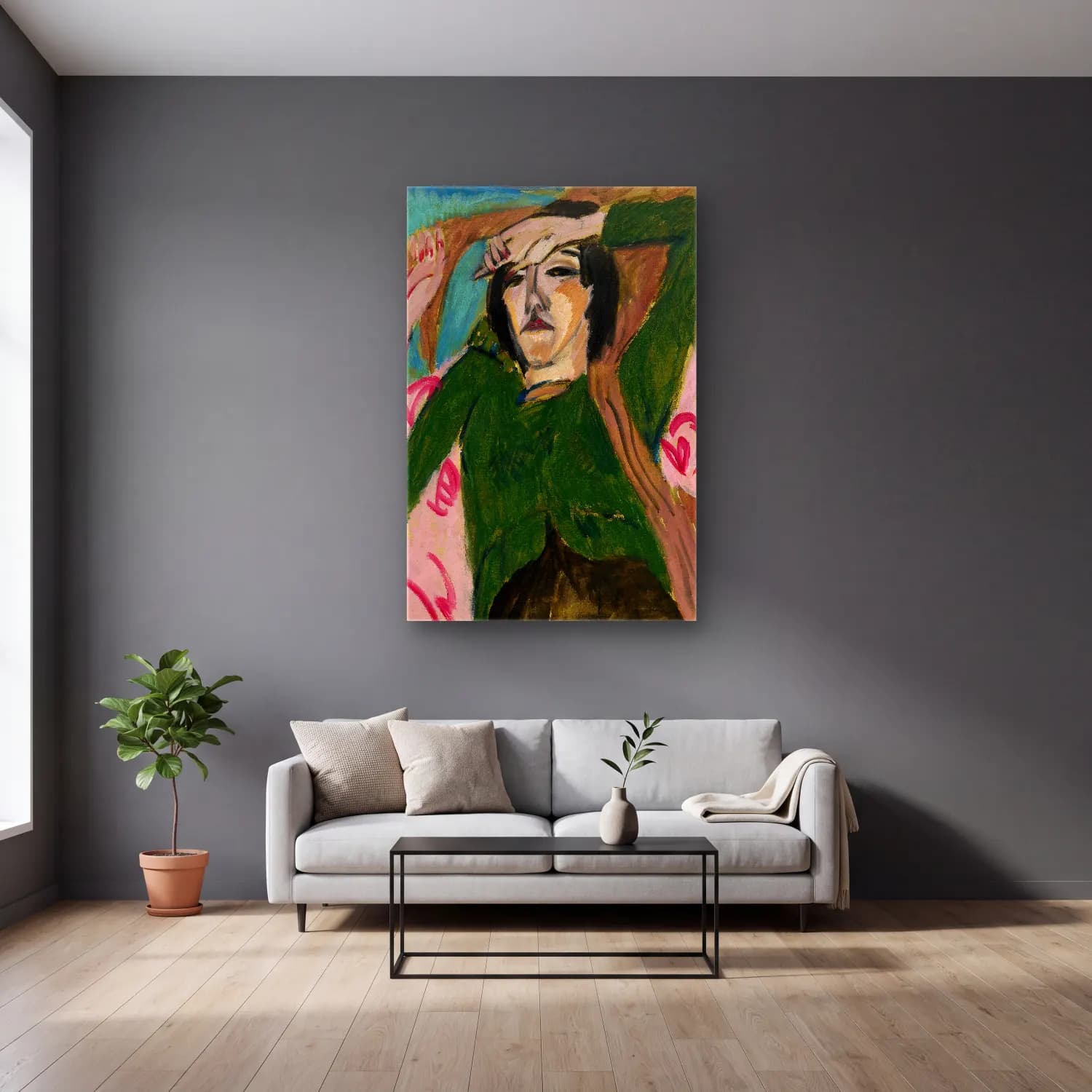 Ernst Ludwig Kirchner – Woman in a Green Jacket – Yeşil Tonlar cam tablo — gri duvarlı salonda